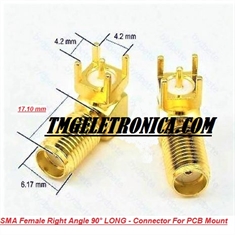 Conector SMA FÊMEA LONGO 17,10mm 90º Gold Solda PCI 50 Ohm, SMA Female Right Angle 90° Connector For PCB Mount - Solda PCI ou Montagem Painel 4pinos - Conector SMA FÊMEA LONGO 90º Gold - Solda PCI ou Painel